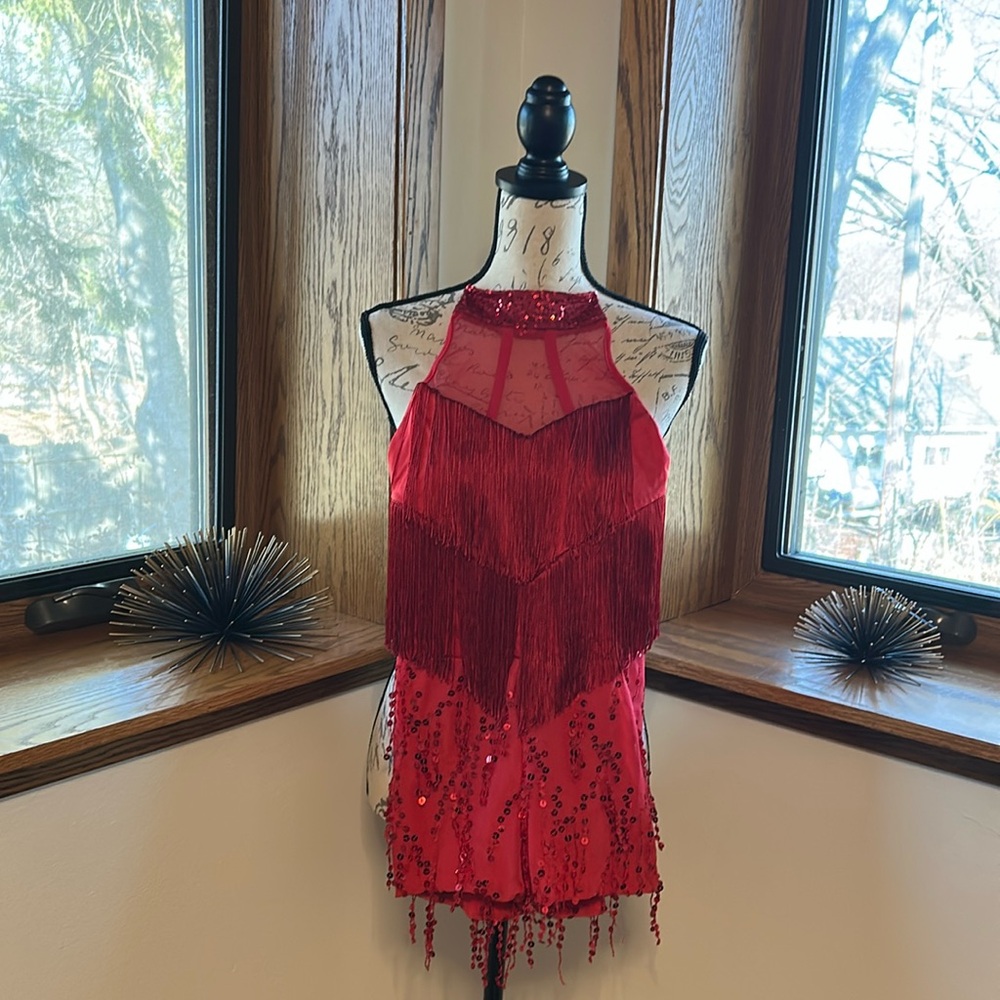Kelle Red Fringe & Sequence One Piece Dance Costume Large Child